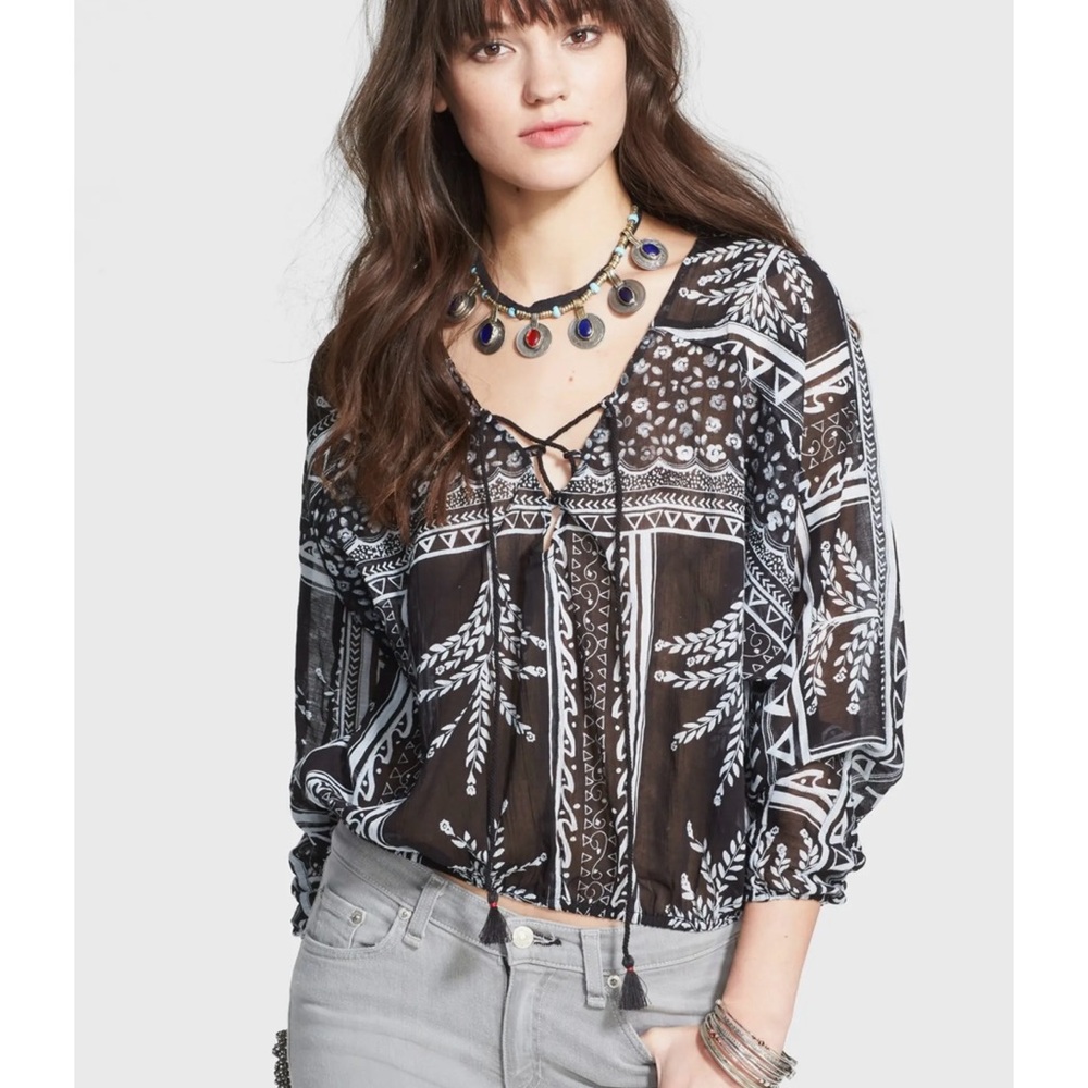 Free People ‘Yo Yo' Lace Up Print Peasant Top